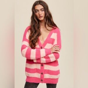 Pink Multi Striped Button Down Fuzzy Knit Cardigan NEW